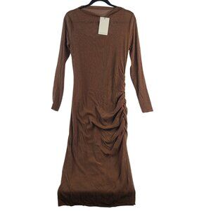Miou Muse Brown Long-Sleeve Midi Dress With Ruched Side Detail Soft Sheer Fabric